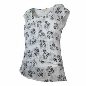 Blousology Womens XS White Black Floral Layered Chiffon Cap Sleeve Blouse